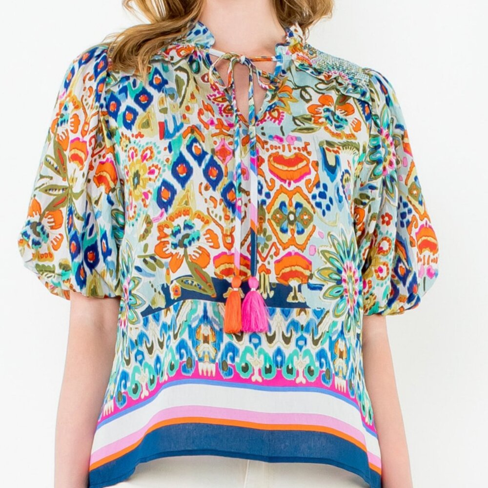 NWT THML Ginny Puff Sleeve Floral Top - Vibrant Boho Blouse